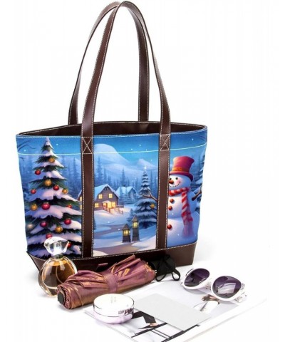 Womens Handbags, Faux Leather Strap and Bottom, Canvas Tote Bag, Christmas Tree and Snowman $21.51 Totes