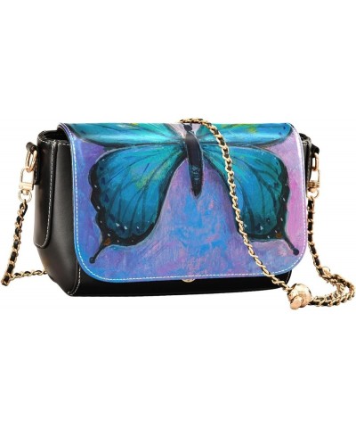 Oil Painting Of Blue Butterfly Women's Crossbody Handbags, PU Leather Flap Crossbody Bags, Women's Shoulder Handbag Purse Sty...