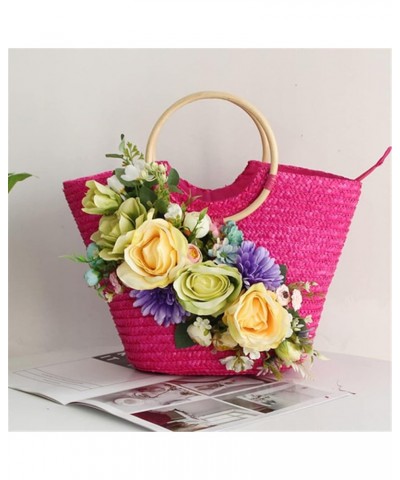 Ladies Summer Flowers Straw Large Wooden Handle Handbag Handmade Basket Storage Shopping Bag 40x12x28 CM Bag $33.33 Handbags