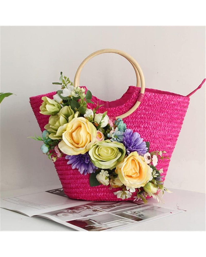 Ladies Summer Flowers Straw Large Wooden Handle Handbag Handmade Basket Storage Shopping Bag 40x12x28 CM Bag $33.33 Handbags