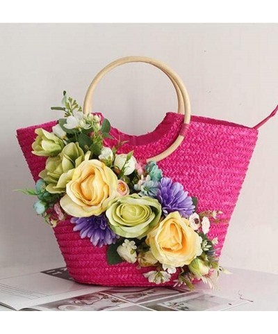 Ladies Summer Flowers Straw Large Wooden Handle Handbag Handmade Basket Storage Shopping Bag 40x12x28 CM Bag $33.33 Handbags