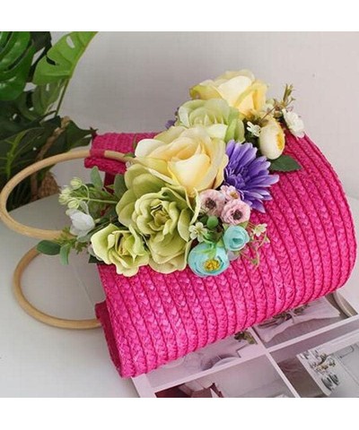 Ladies Summer Flowers Straw Large Wooden Handle Handbag Handmade Basket Storage Shopping Bag 40x12x28 CM Bag $33.33 Handbags