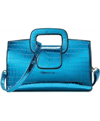 Glossy Faux Leather Crocodile Evening Handbag and Purse for Women,Embossing Top Handle Satchel Tote Shoulder Bag A-blue $16.3...