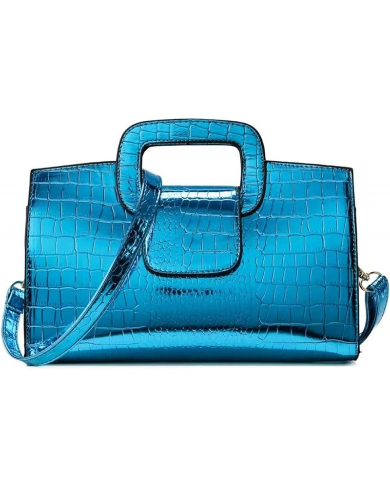 Glossy Faux Leather Crocodile Evening Handbag and Purse for Women,Embossing Top Handle Satchel Tote Shoulder Bag A-blue $16.3...