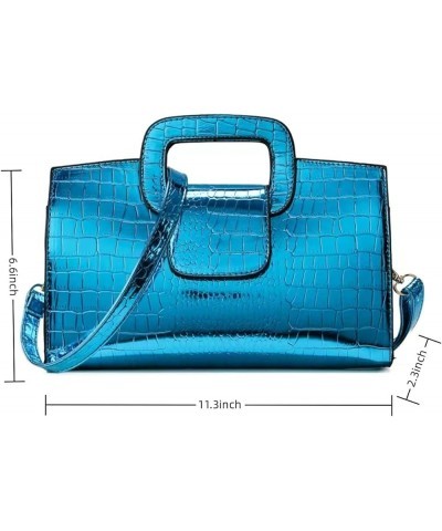 Glossy Faux Leather Crocodile Evening Handbag and Purse for Women,Embossing Top Handle Satchel Tote Shoulder Bag A-blue $16.3...