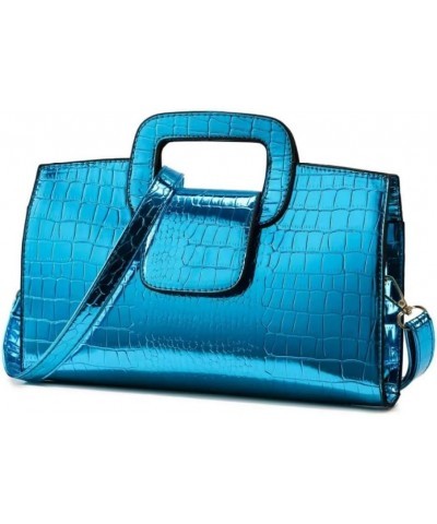 Glossy Faux Leather Crocodile Evening Handbag and Purse for Women,Embossing Top Handle Satchel Tote Shoulder Bag A-blue $16.3...