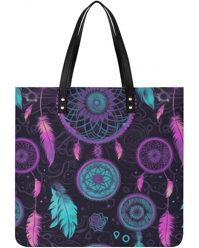 Purple Blue Dream Catcher Pattern Black Fabric Handbag Large Capacity Top-Handle Bag Ladies Shoulder Totes $19.23 Totes