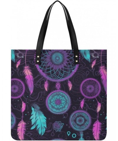 Purple Blue Dream Catcher Pattern Black Fabric Handbag Large Capacity Top-Handle Bag Ladies Shoulder Totes $19.23 Totes