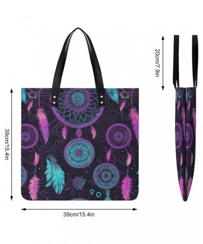 Purple Blue Dream Catcher Pattern Black Fabric Handbag Large Capacity Top-Handle Bag Ladies Shoulder Totes $19.23 Totes