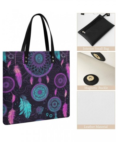 Purple Blue Dream Catcher Pattern Black Fabric Handbag Large Capacity Top-Handle Bag Ladies Shoulder Totes $19.23 Totes