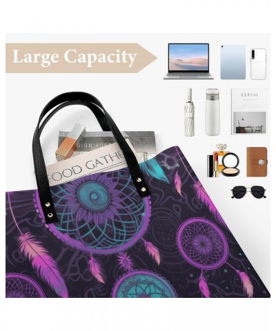 Purple Blue Dream Catcher Pattern Black Fabric Handbag Large Capacity Top-Handle Bag Ladies Shoulder Totes $19.23 Totes