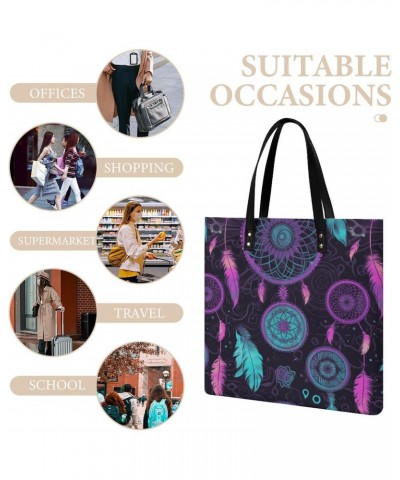 Purple Blue Dream Catcher Pattern Black Fabric Handbag Large Capacity Top-Handle Bag Ladies Shoulder Totes $19.23 Totes