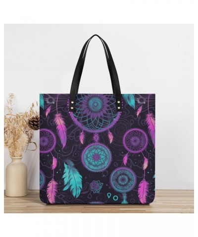 Purple Blue Dream Catcher Pattern Black Fabric Handbag Large Capacity Top-Handle Bag Ladies Shoulder Totes $19.23 Totes