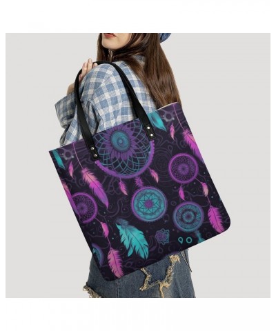 Purple Blue Dream Catcher Pattern Black Fabric Handbag Large Capacity Top-Handle Bag Ladies Shoulder Totes $19.23 Totes