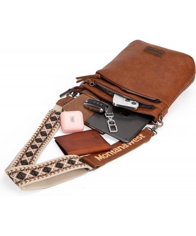 Multi Zip Pocket Large Crossbody Bag With Guitar Strap Classic Dark Brown $16.34 Crossbody Bags