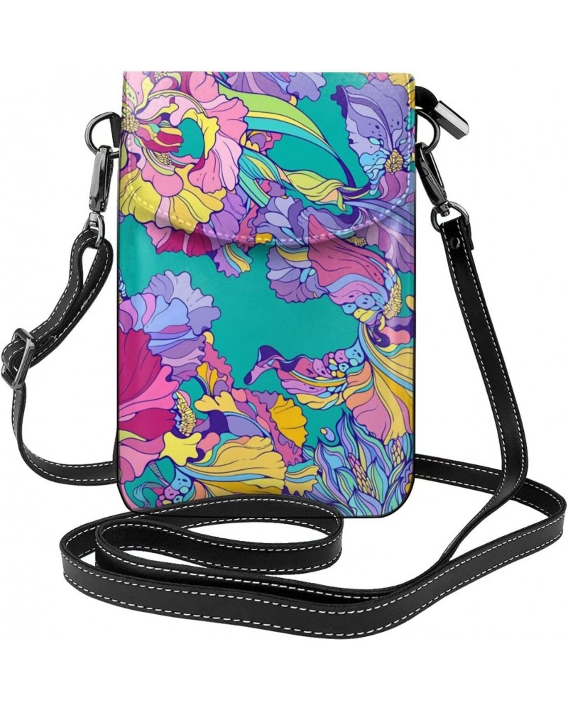 Irises on Teal Women Leather Crossbody Cell Phone Purse Wallet Smartphone Shoulder Bag $15.63 Crossbody Bags