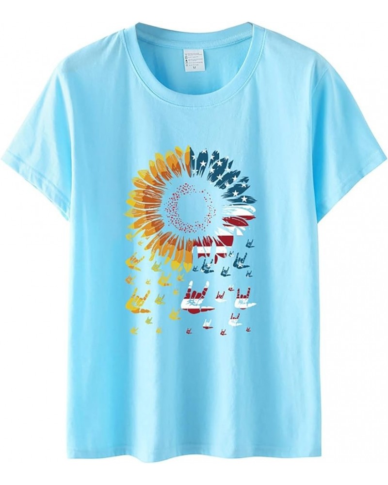 T Shirt Lace Day T Shirts Summer Cute USA Flag Sunflower Graphic 4 July Patriotic Tees Tops Shirts for Women Sky Blue➤➤ Indep...