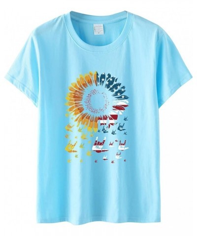 T Shirt Lace Day T Shirts Summer Cute USA Flag Sunflower Graphic 4 July Patriotic Tees Tops Shirts for Women Sky Blue➤➤ Indep...