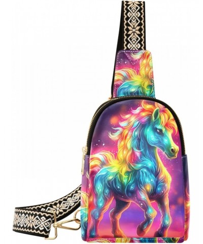 Women's Sling Bag Neon Rainbow Unicorn Print with Adjustable Strap Zipper Closure, PU Leather Water Resistant Crossbody Bag P...