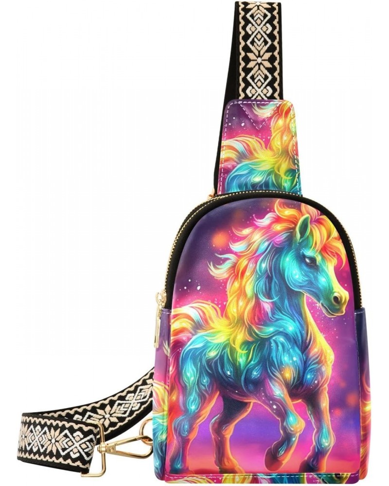 Women's Sling Bag Neon Rainbow Unicorn Print with Adjustable Strap Zipper Closure, PU Leather Water Resistant Crossbody Bag P...