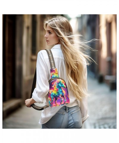 Women's Sling Bag Neon Rainbow Unicorn Print with Adjustable Strap Zipper Closure, PU Leather Water Resistant Crossbody Bag P...