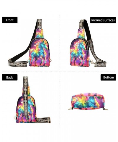 Women's Sling Bag Neon Rainbow Unicorn Print with Adjustable Strap Zipper Closure, PU Leather Water Resistant Crossbody Bag P...