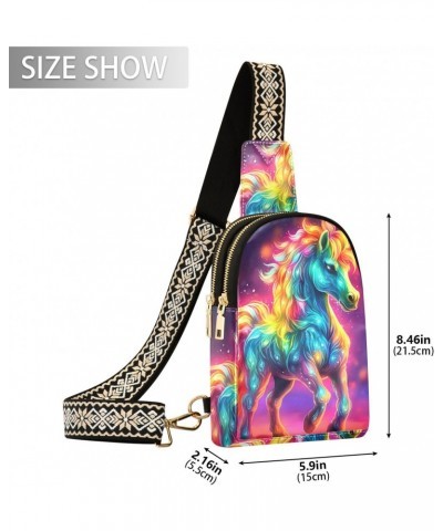 Women's Sling Bag Neon Rainbow Unicorn Print with Adjustable Strap Zipper Closure, PU Leather Water Resistant Crossbody Bag P...