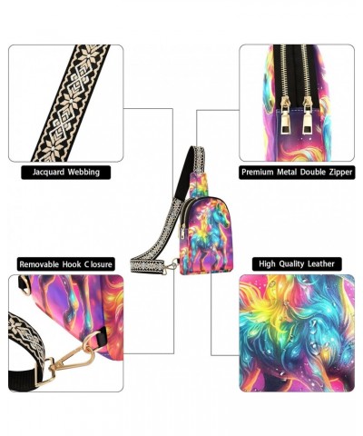 Women's Sling Bag Neon Rainbow Unicorn Print with Adjustable Strap Zipper Closure, PU Leather Water Resistant Crossbody Bag P...