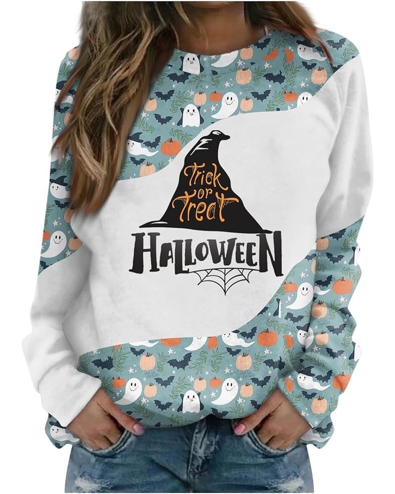 Tops for Women 2024 Fall and Winter Round Neck Sweatshirt Long Sleeve Halloween Print Outfits Dressy Pullover Tops 5-sky Blue...