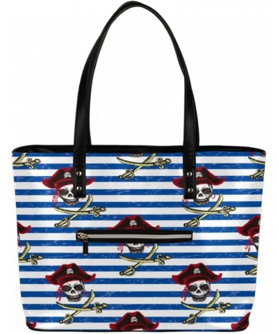 Pirate Skull Blue Stripe Tote Bag Women Shoulder Handbags PU Leather Everyday Bag with External Pocket Large Capacity Aesthet...