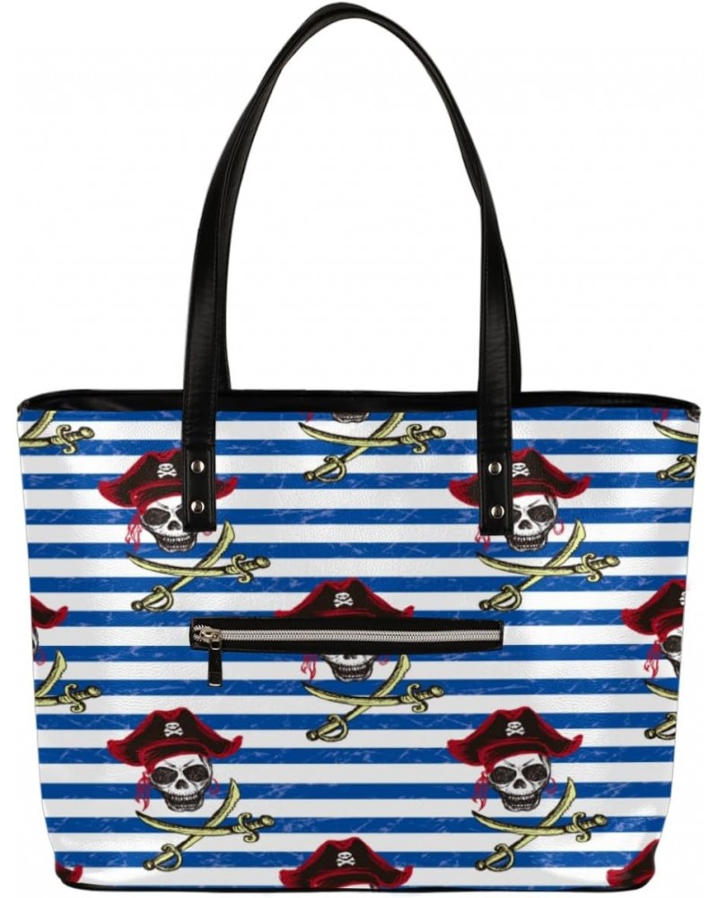 Pirate Skull Blue Stripe Tote Bag Women Shoulder Handbags PU Leather Everyday Bag with External Pocket Large Capacity Aesthet...