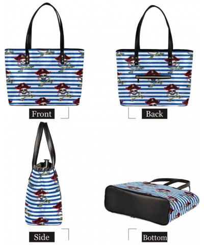 Pirate Skull Blue Stripe Tote Bag Women Shoulder Handbags PU Leather Everyday Bag with External Pocket Large Capacity Aesthet...