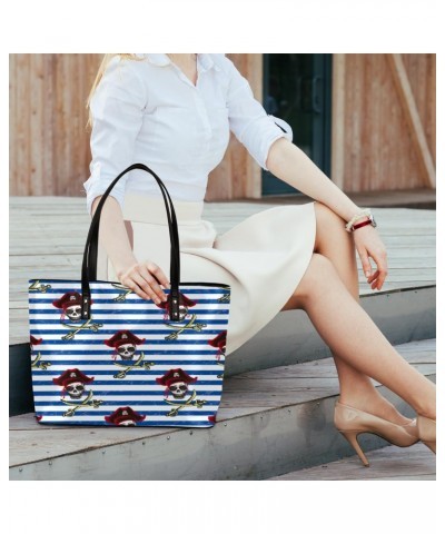 Pirate Skull Blue Stripe Tote Bag Women Shoulder Handbags PU Leather Everyday Bag with External Pocket Large Capacity Aesthet...