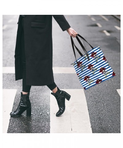 Pirate Skull Blue Stripe Tote Bag Women Shoulder Handbags PU Leather Everyday Bag with External Pocket Large Capacity Aesthet...