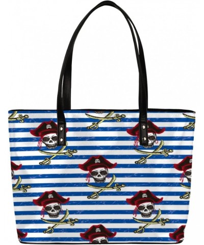 Pirate Skull Blue Stripe Tote Bag Women Shoulder Handbags PU Leather Everyday Bag with External Pocket Large Capacity Aesthet...