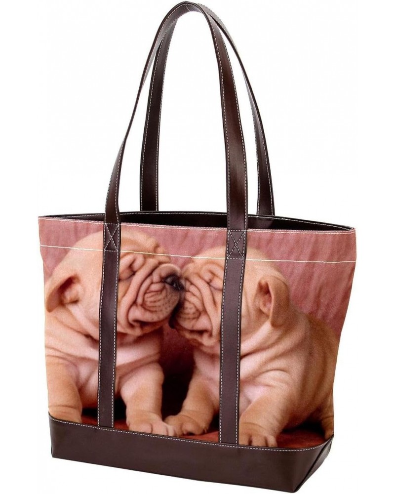 Womens Handbags, Faux Leather Strap and Bottom, Canvas Tote Bag, lovely puppy $21.05 Totes