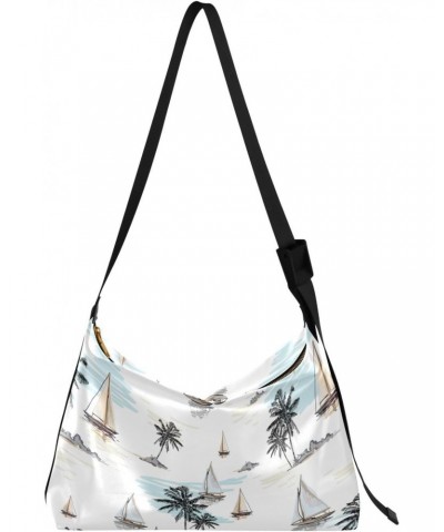 Palm Tree Boats Tote Bag for Women Large Hobo Bags Womens Cross Body Purses Casual Tote with Adjustable Strap for Women Men $...