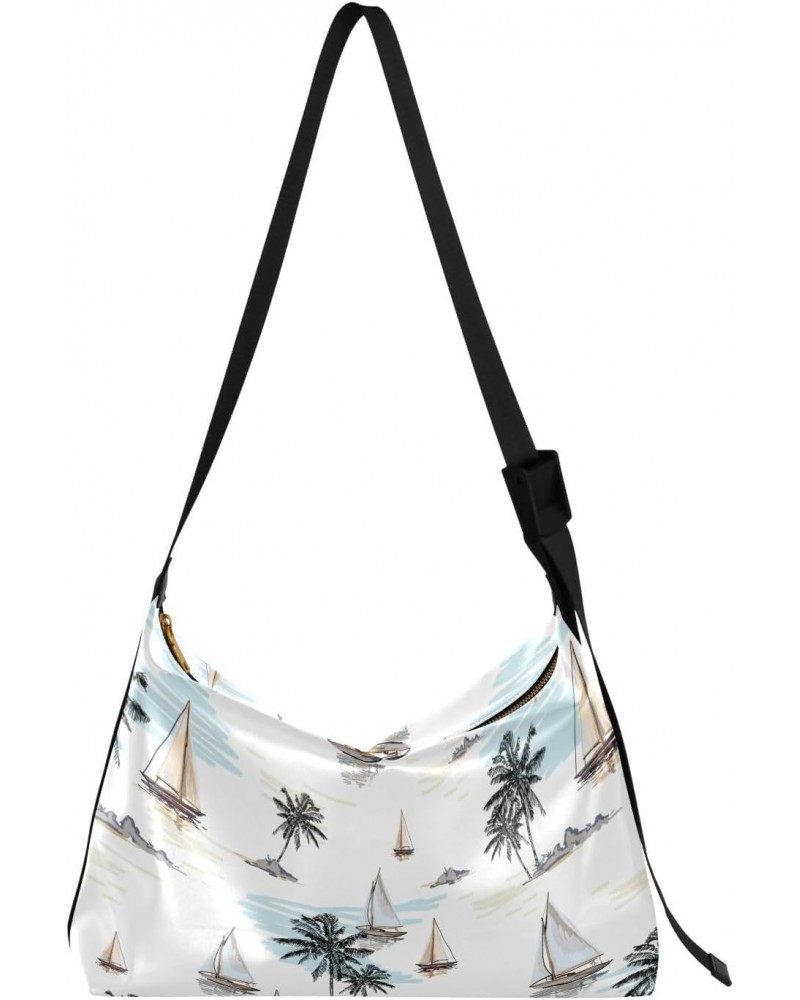 Palm Tree Boats Tote Bag for Women Large Hobo Bags Womens Cross Body Purses Casual Tote with Adjustable Strap for Women Men $...