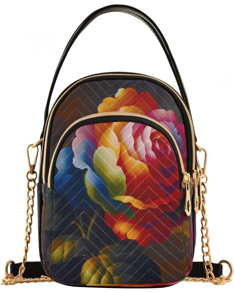 Valentines Day Artistic Rose Crossbody Bags for Women Quilted Shoulder Bag Handbag with Chain Strap Colorful Trendy Cross Bod...