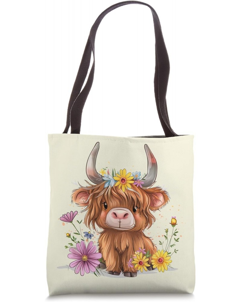 Baby Highland Cow Floral Cottagecore Flower Highland Cow Tote Bag $11.28 Totes