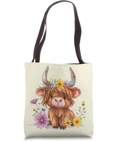 Baby Highland Cow Floral Cottagecore Flower Highland Cow Tote Bag $11.28 Totes