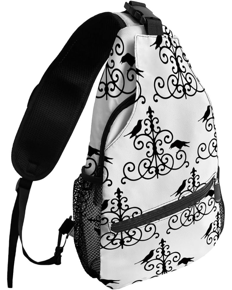 Sling Backpack, Halloween Black Crow Wall Lamp White Waterproof Lightweight Small Sling Bag, Travel Chest Bag Crossbody Shoul...