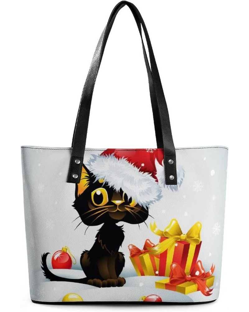 Womens Handbag Christmas Cat Leather Tote Bag Top Handle Satchel Bags For Lady $17.50 Totes