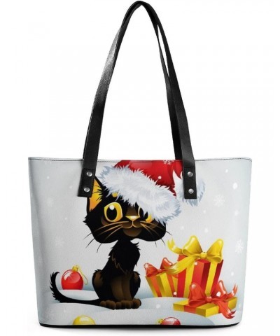 Womens Handbag Christmas Cat Leather Tote Bag Top Handle Satchel Bags For Lady $17.50 Totes