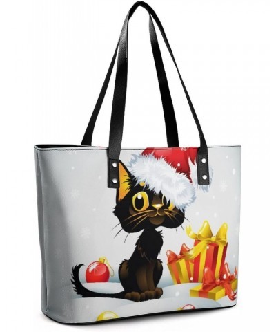 Womens Handbag Christmas Cat Leather Tote Bag Top Handle Satchel Bags For Lady $17.50 Totes