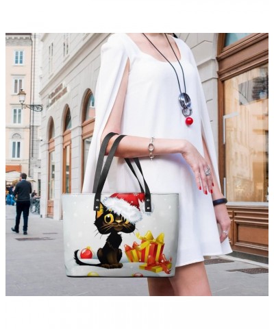 Womens Handbag Christmas Cat Leather Tote Bag Top Handle Satchel Bags For Lady $17.50 Totes