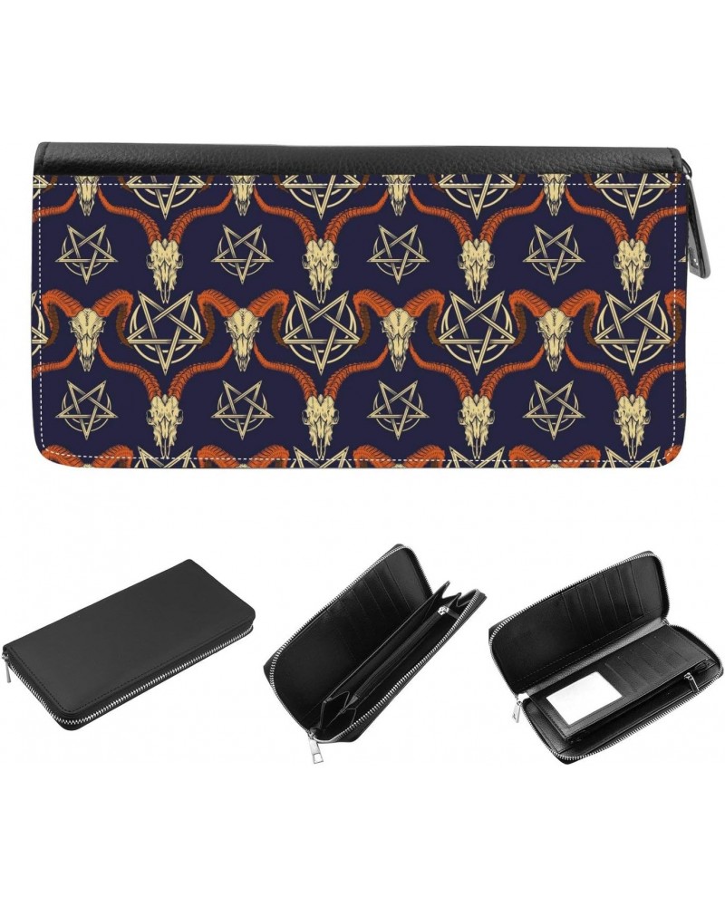 Women's Zip Around Wallet and Phone Clutch - RFID Blocking with Card Holder Organizer - Pattern with goat and ram skulls with...