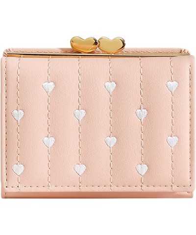 Ladies Tri Fold Mini Multi Function ID Purse Embroidered Heart Short Ladies Clip Wallet Cute Wallets (Pink, One Size) Pink On...