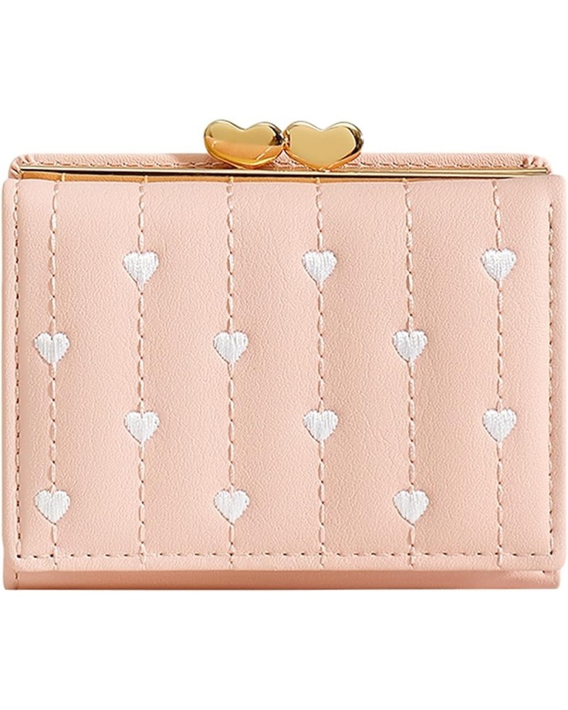 Ladies Tri Fold Mini Multi Function ID Purse Embroidered Heart Short Ladies Clip Wallet Cute Wallets (Pink, One Size) Pink On...