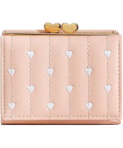 Ladies Tri Fold Mini Multi Function ID Purse Embroidered Heart Short Ladies Clip Wallet Cute Wallets (Pink, One Size) Pink On...